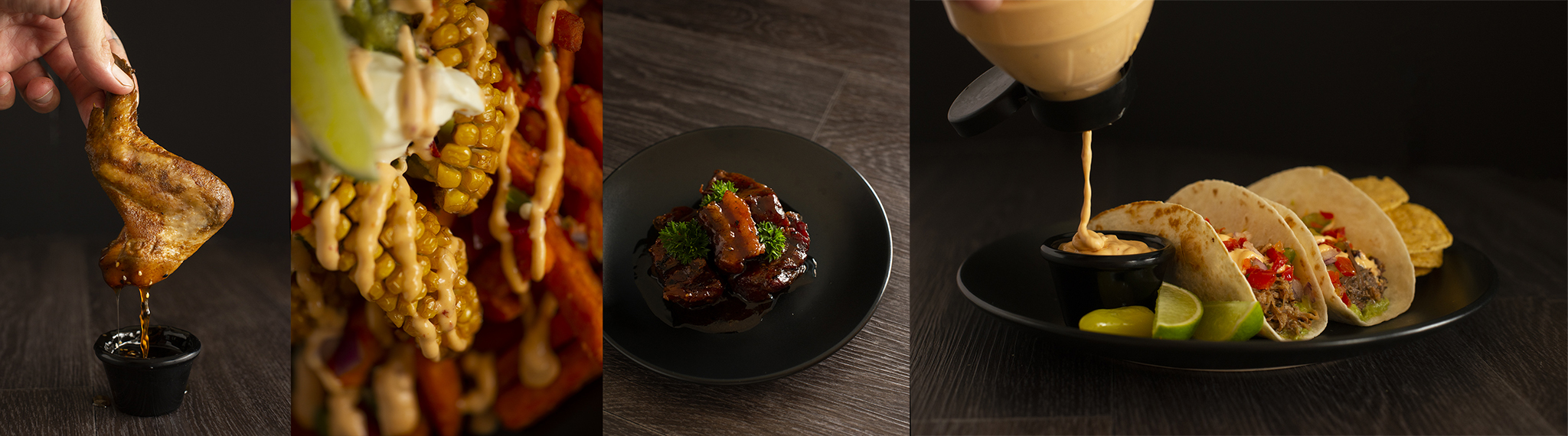 4 food images. First is a close up of a hand dipping a cooked chicken wing in a sticky brown sauce. Second is a colourful closeup of corn and sweet potato chips with lime & orange sauce. Third is a black plate with bbq sauced pork belly bites & a green parsley garnish. Last image is a black plate filled soft tacos & a side drizzle of orange sauce.